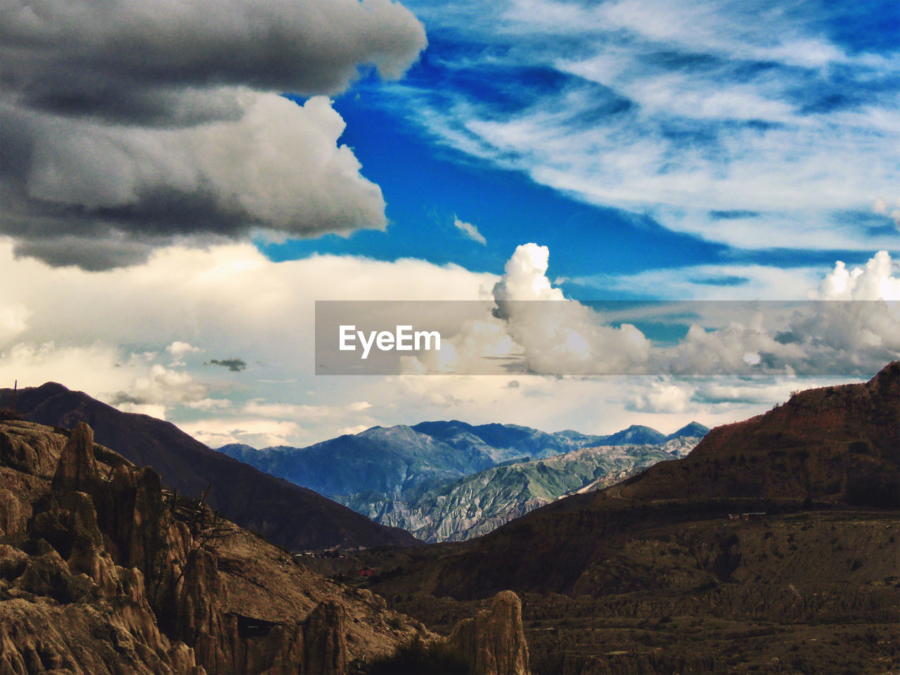 Scenic view of mountains against cloudy sky