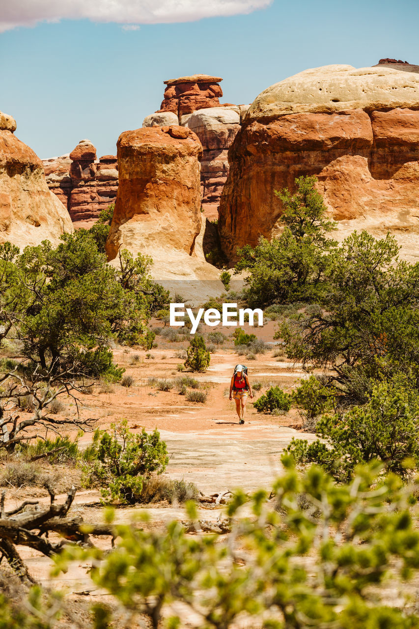 Female hiker walks under sandstone towers and brush in the maze utah