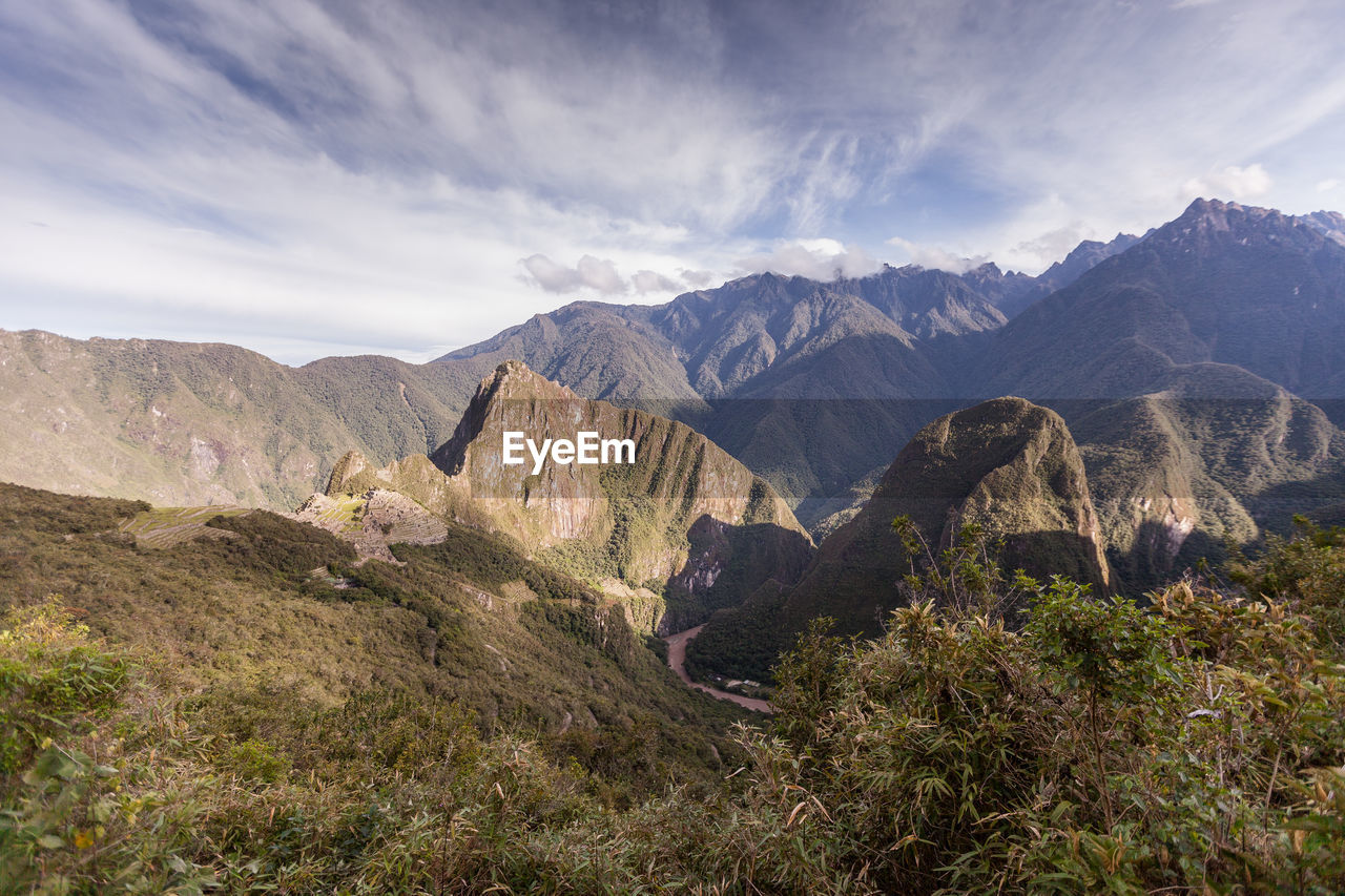 Scenic view of mountains against cloudy sky