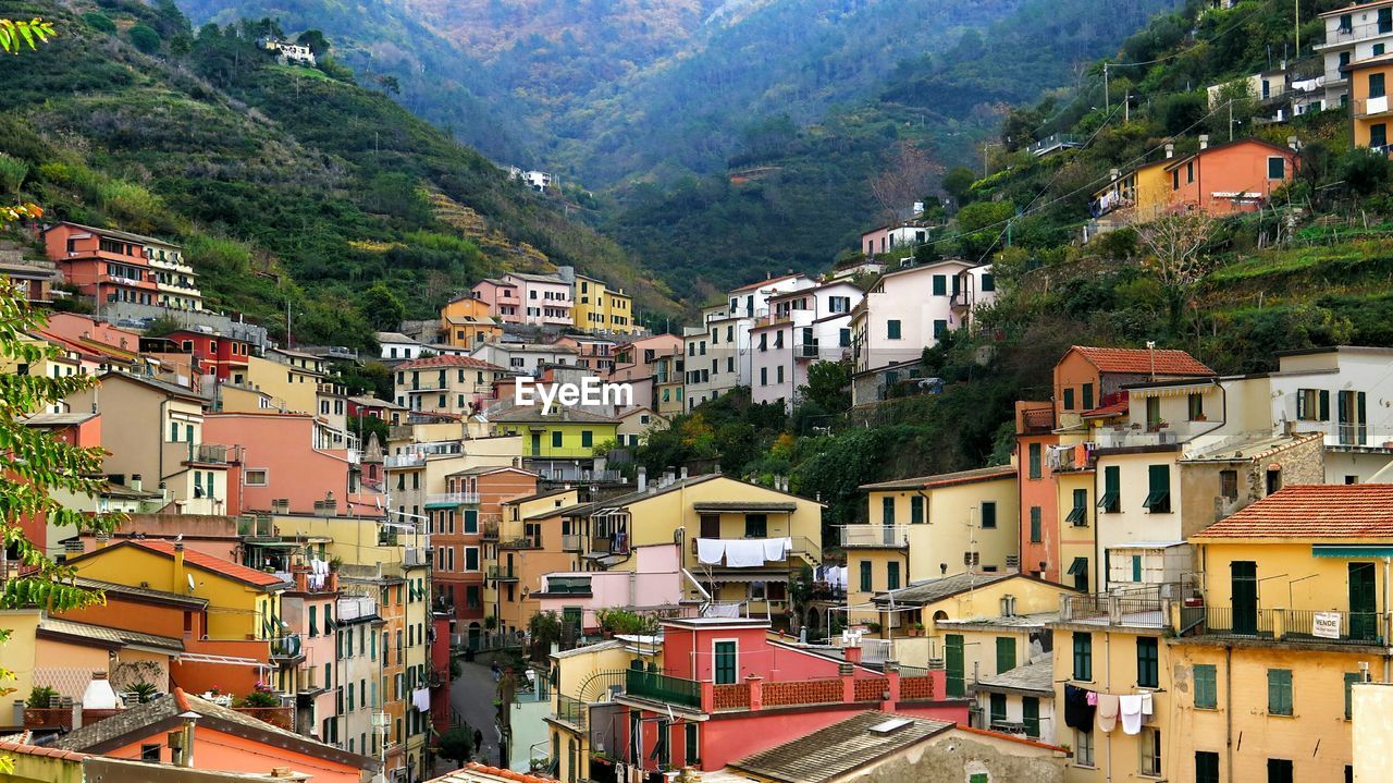 High angle view of townscape against mountain