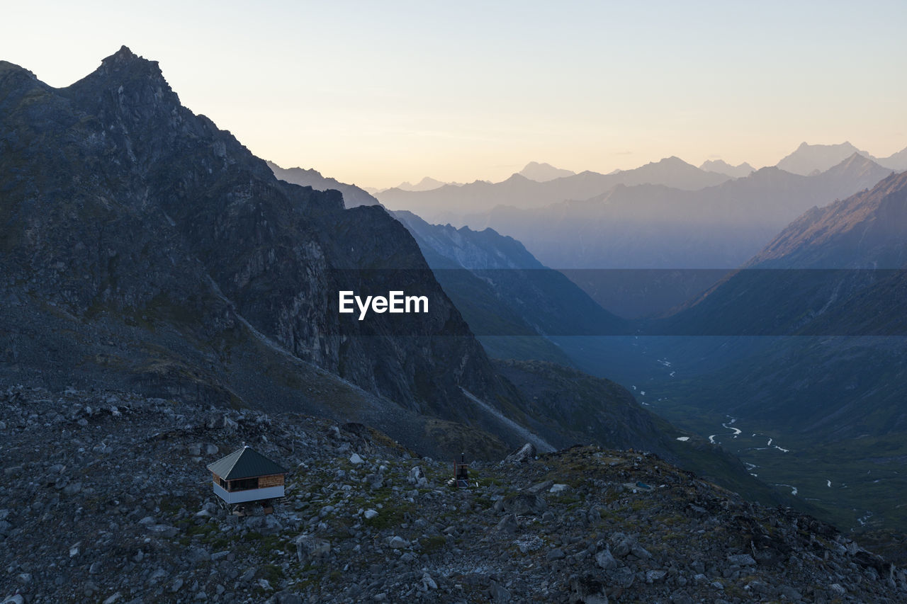 View of bartholf creek from snowbird hut, talkeetna mountains, alaska