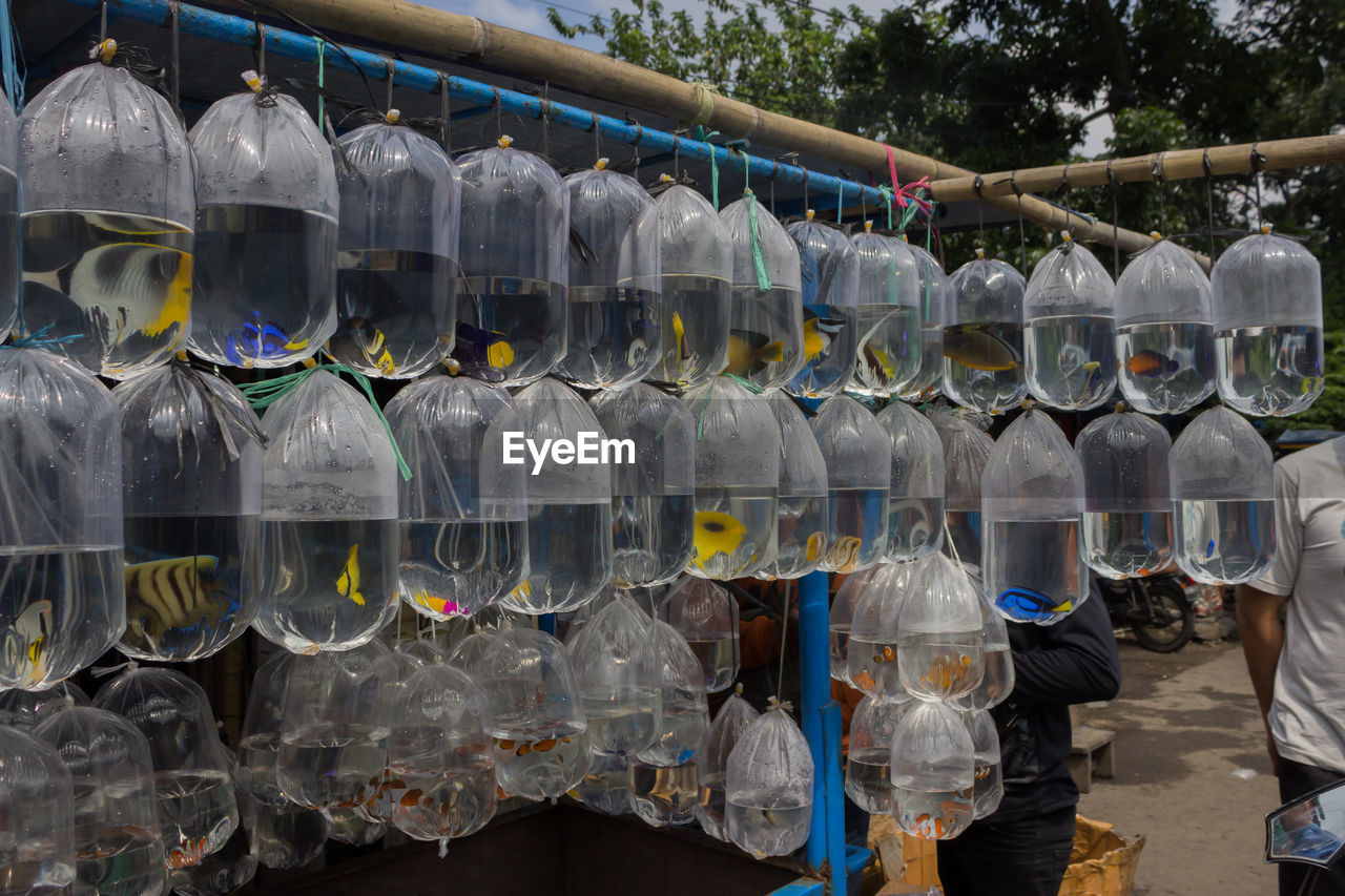 high angle view of water bottles