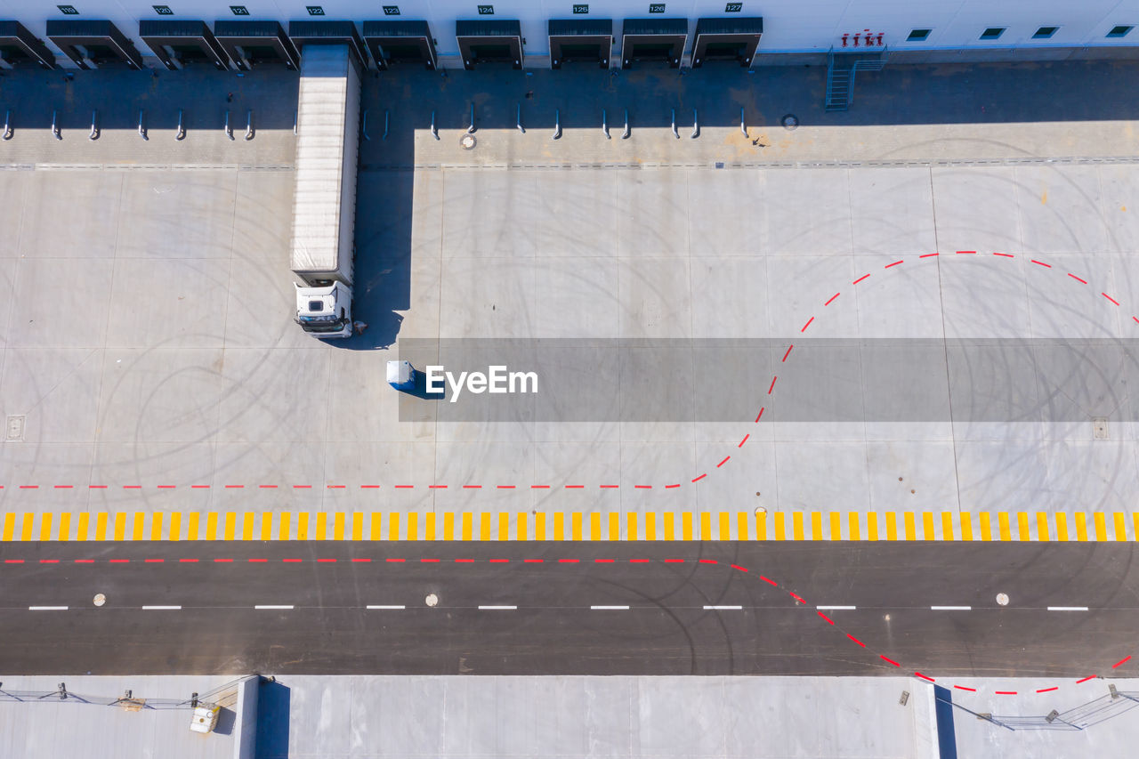 Aerial view of goods warehouse. logistics center in industrial city zone from above. aerial view of 