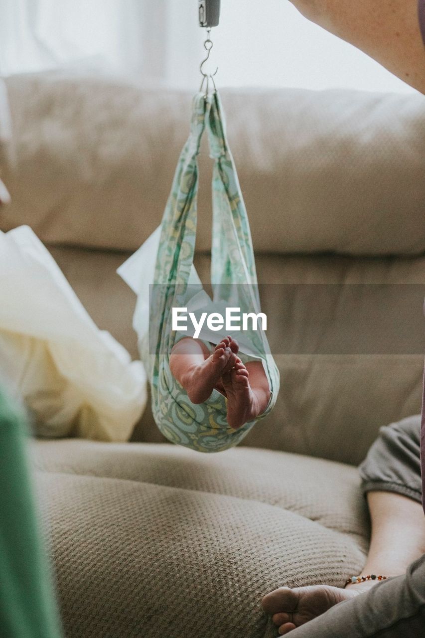 Low section of baby relaxing in hammock over sofa at home