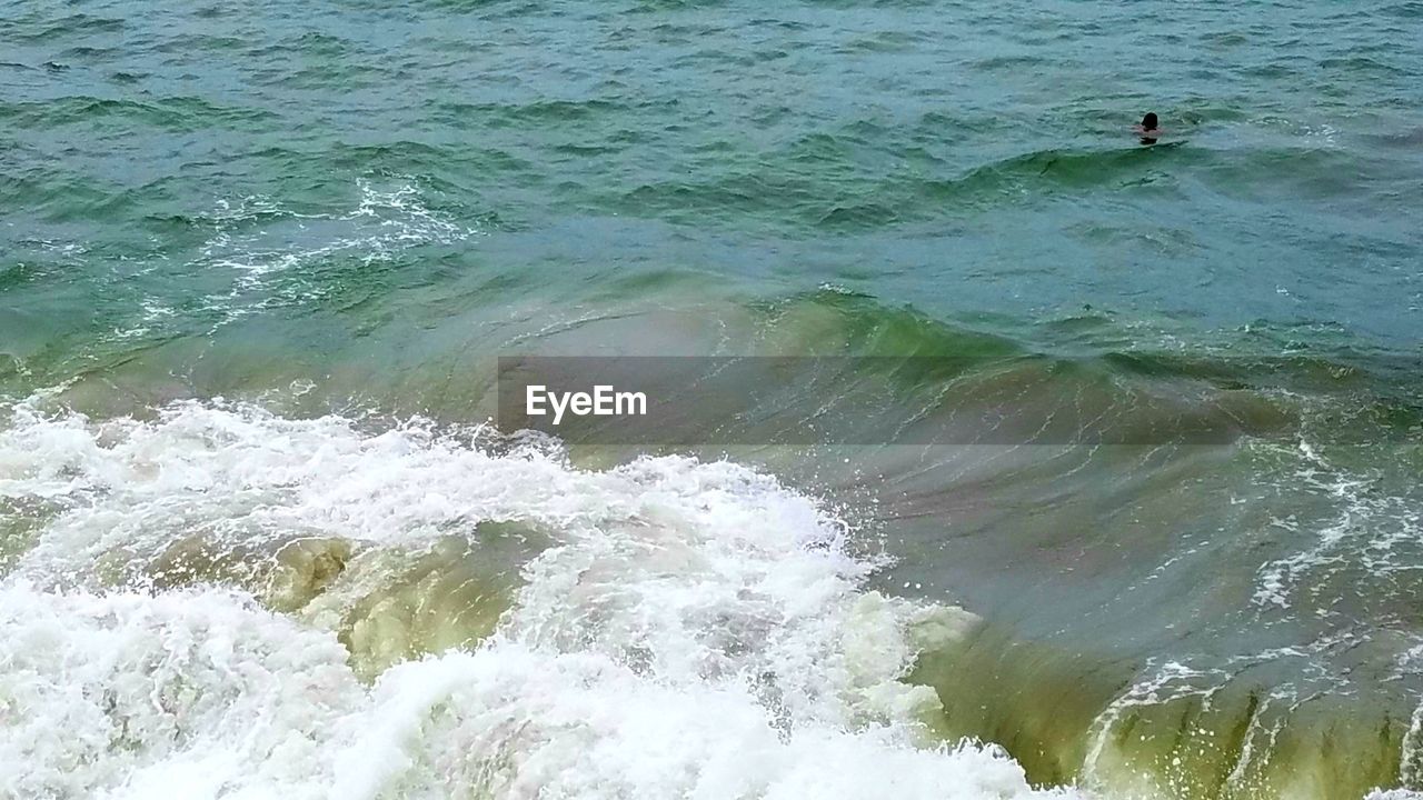 HIGH ANGLE VIEW OF WAVES ON BEACH