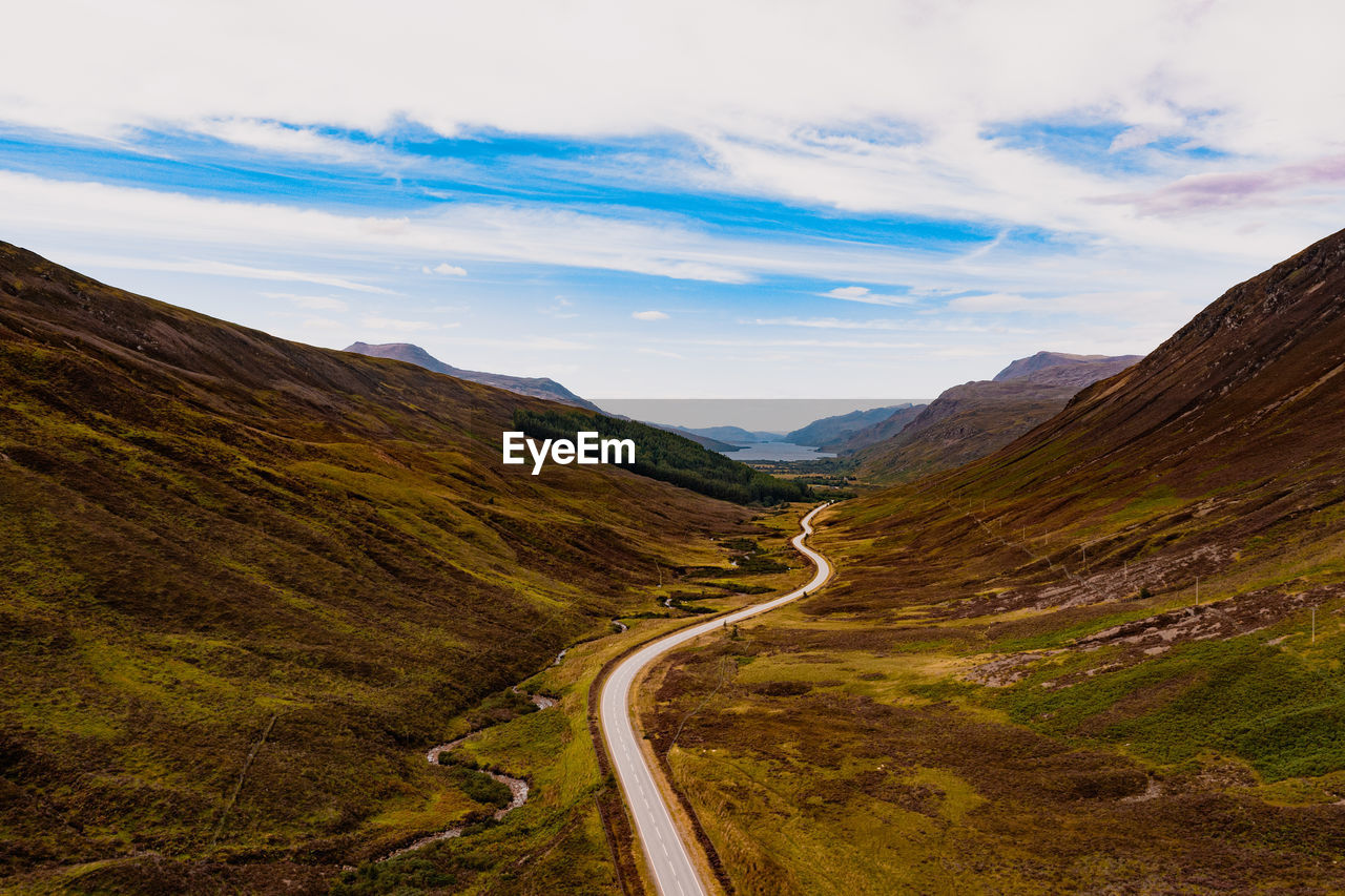 Loch maree viewed from high up glen docherty with the road to kinlochewe