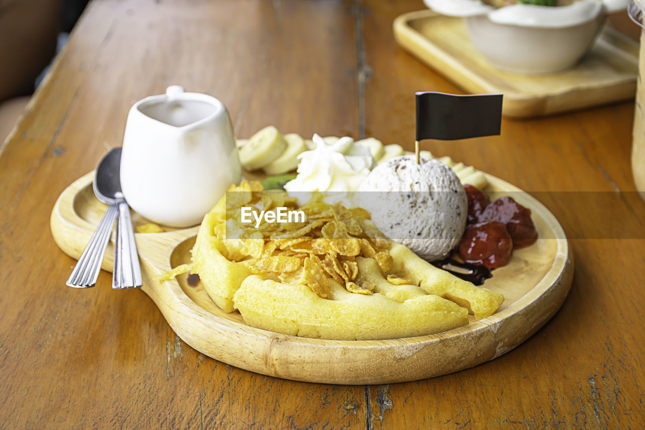 HIGH ANGLE VIEW OF BREAKFAST ON TABLE