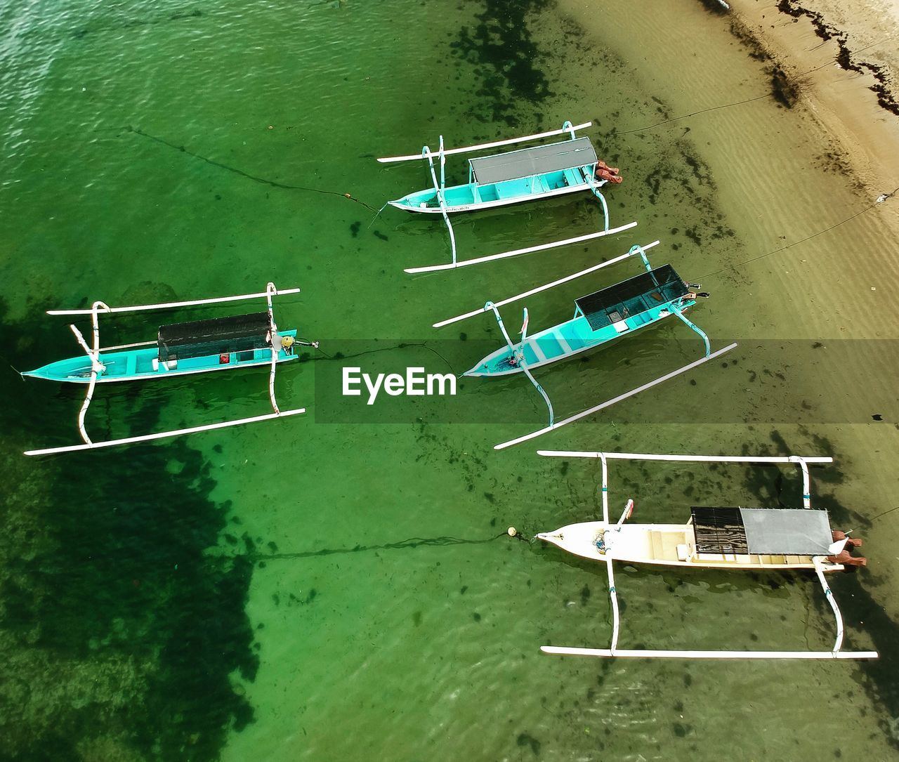 High angle view of boats moored on sea