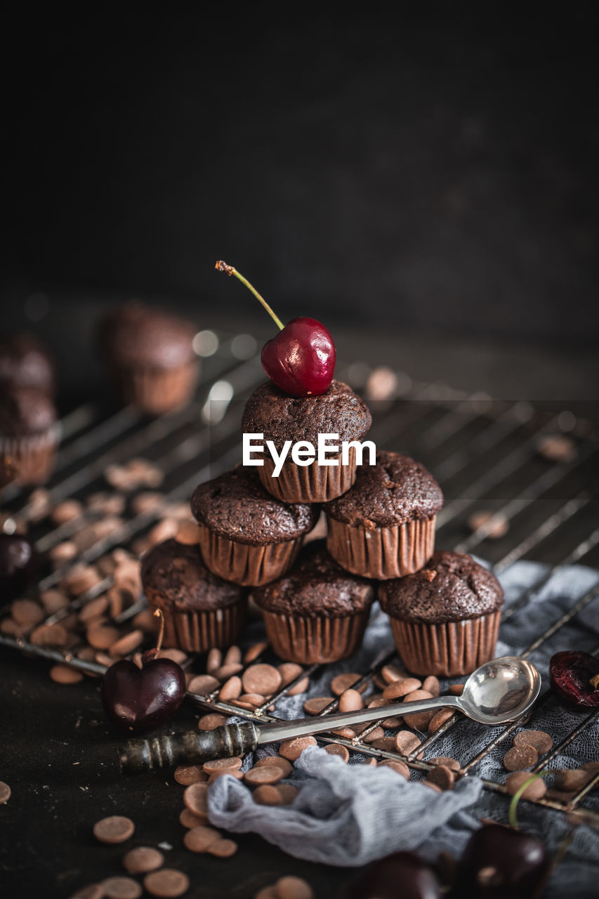 Close-up of chocolate cupcakes on table