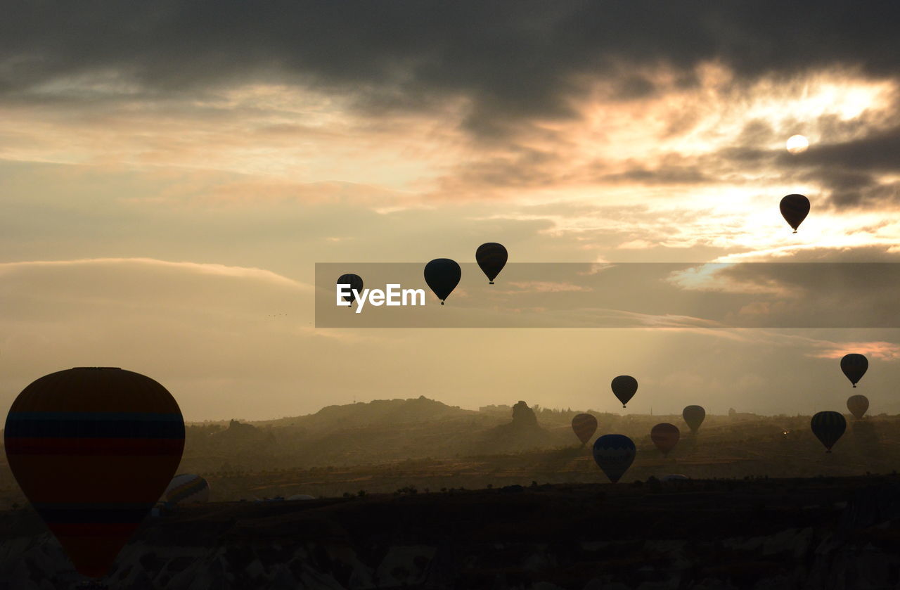 Hot air balloons silhouettes at sunrise. goreme. cappadocia. turkey
