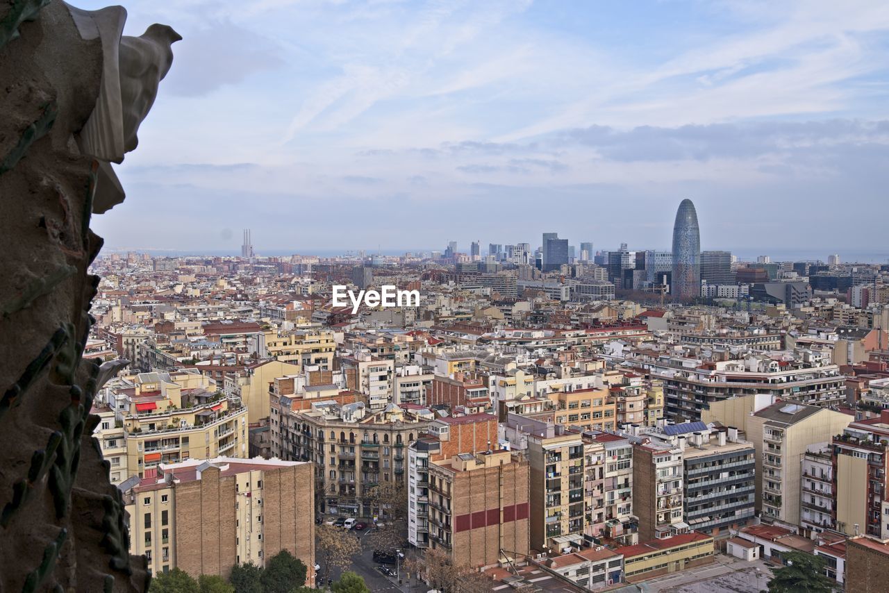 HIGH ANGLE VIEW OF BUILDINGS IN CITY AGAINST CLOUDY SKY