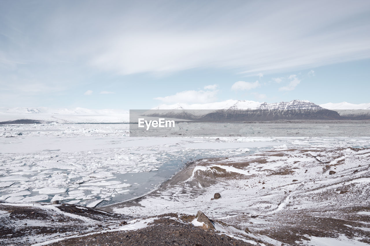 SCENIC VIEW OF SEA AND SNOWCAPPED MOUNTAIN AGAINST SKY