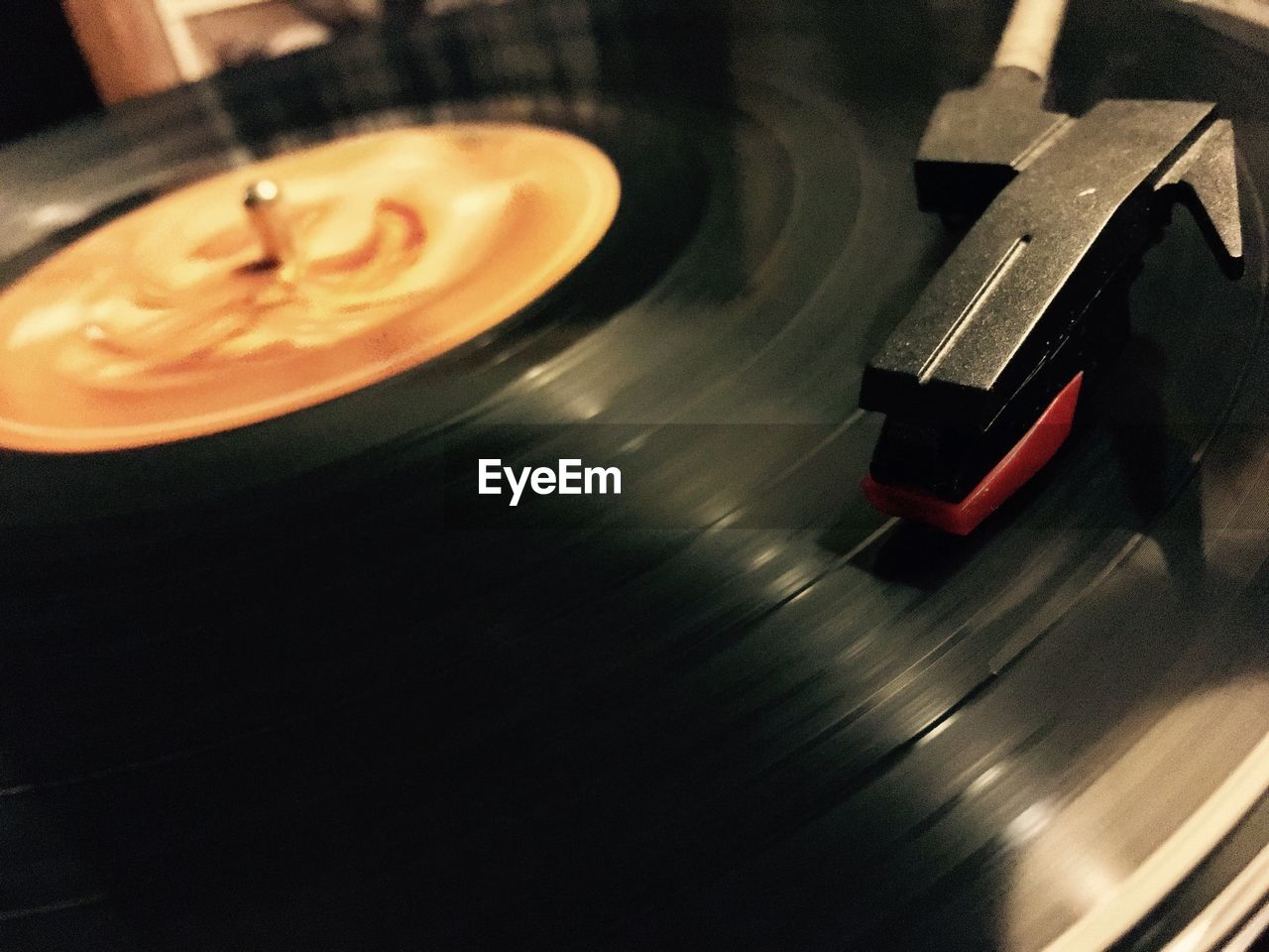 High angle view of record on turntable