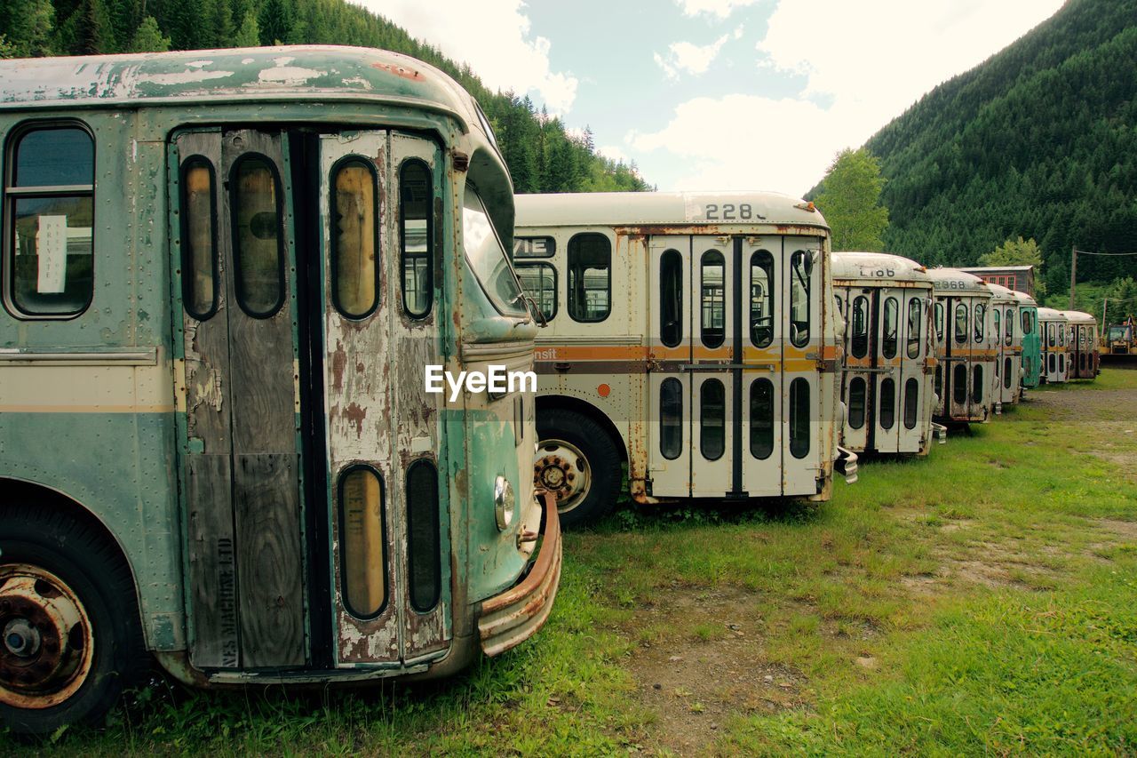 Buses parked on field