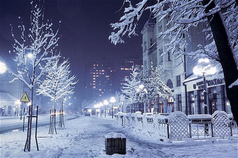 ILLUMINATED STREET LIGHT IN SNOW COVERED LANDSCAPE AT NIGHT