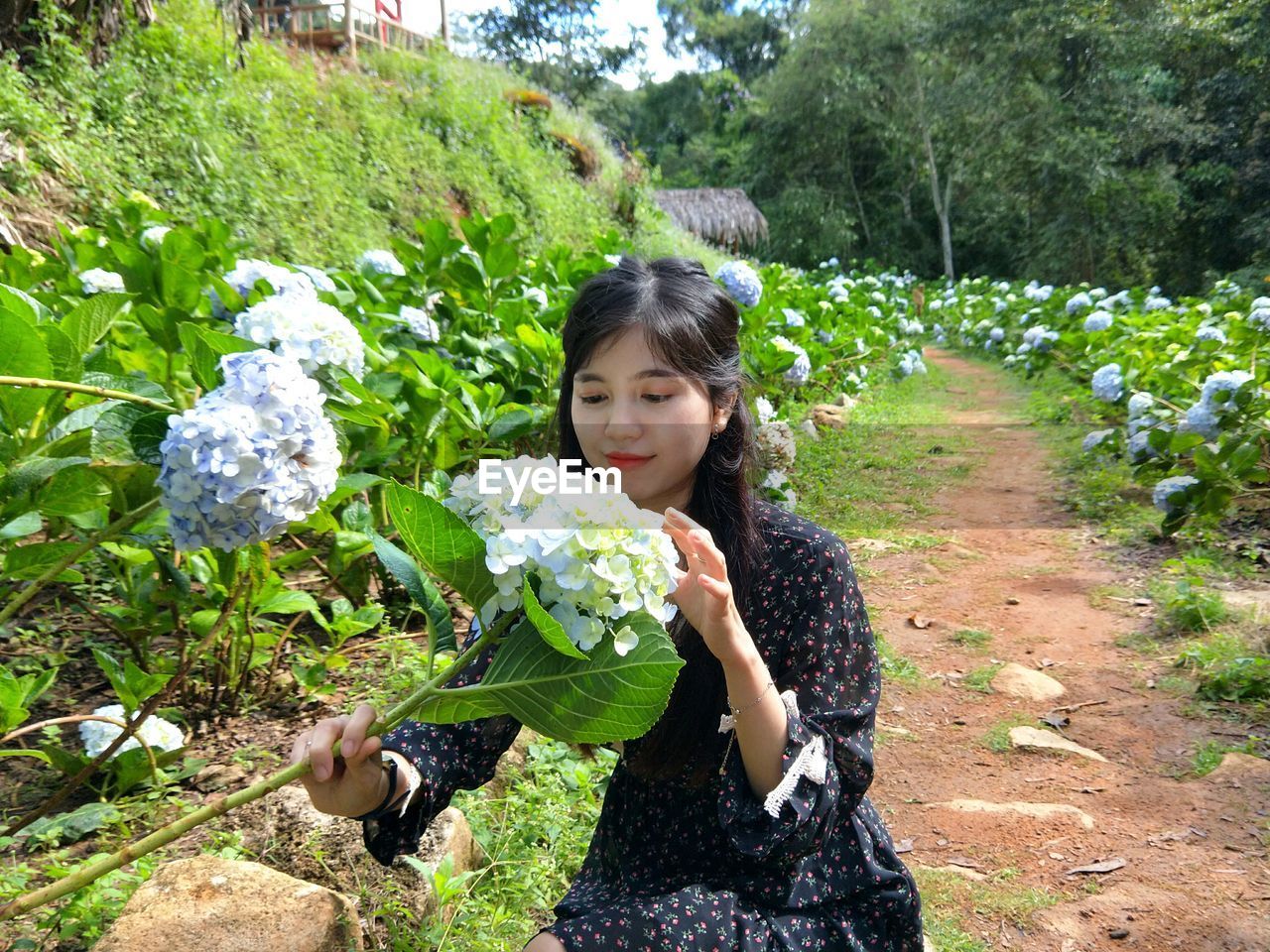 Young woman holding flowers at park