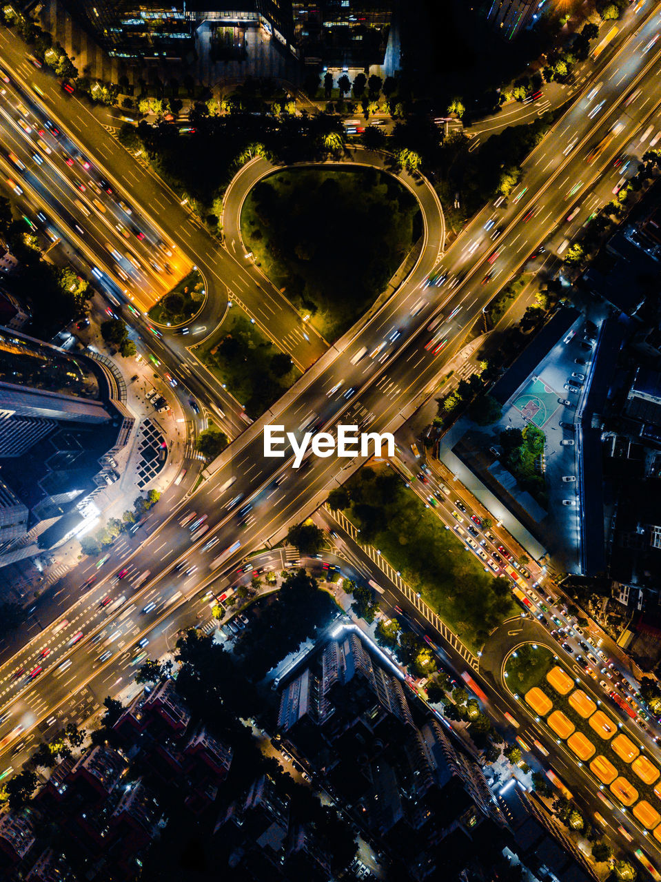 High angle view of illuminated cityscape at night