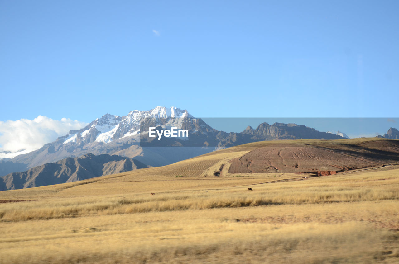 View of a field with mountains in the background