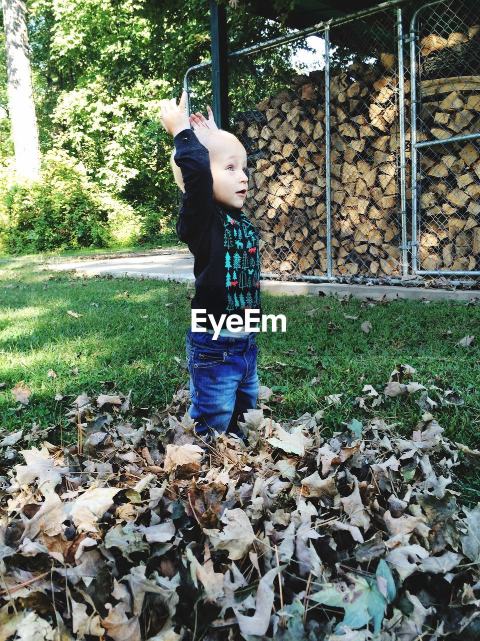 Side view of boy playing by autumn leaves at park
