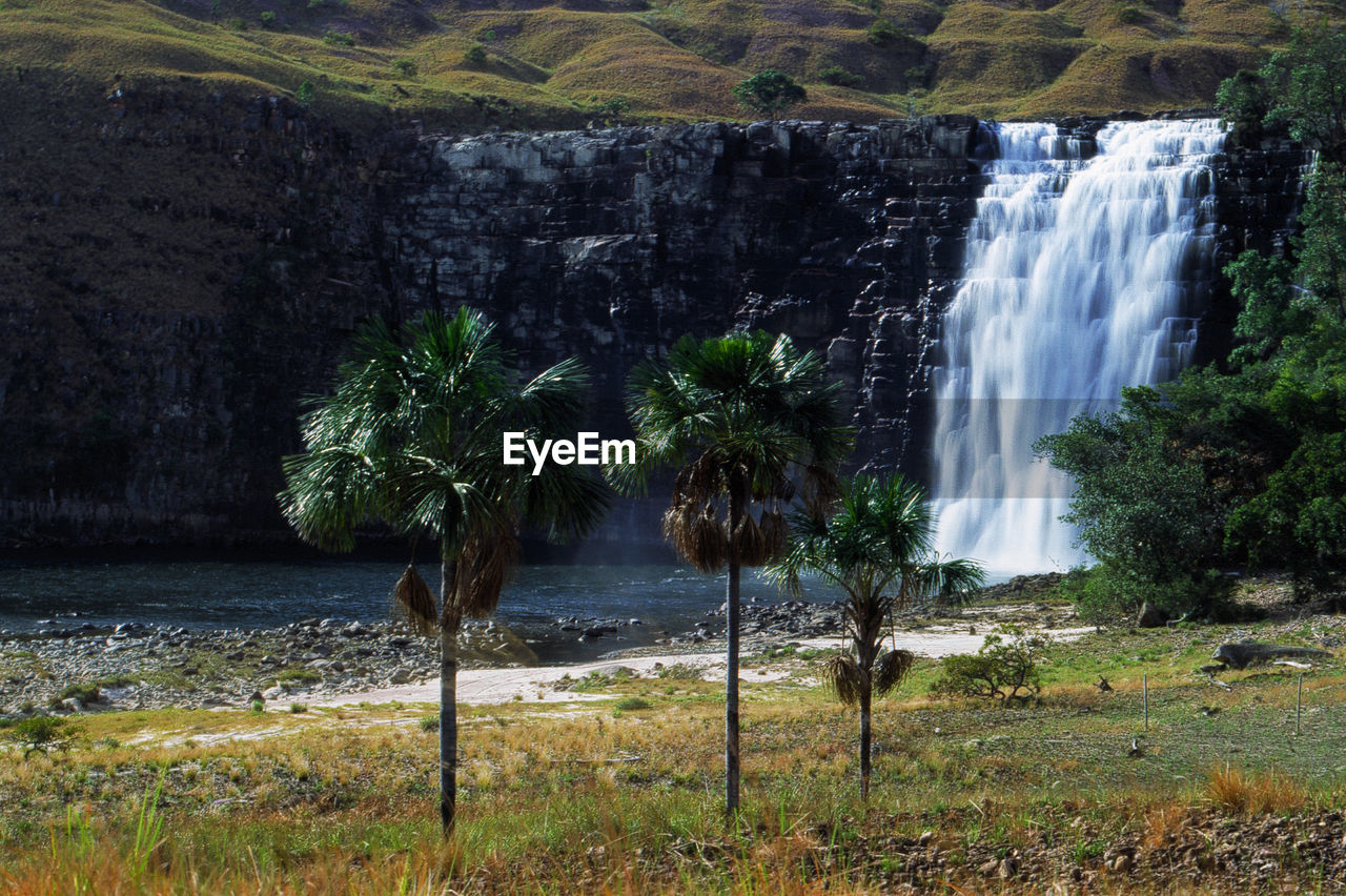 SCENIC VIEW OF WATERFALL AGAINST CLEAR SKY