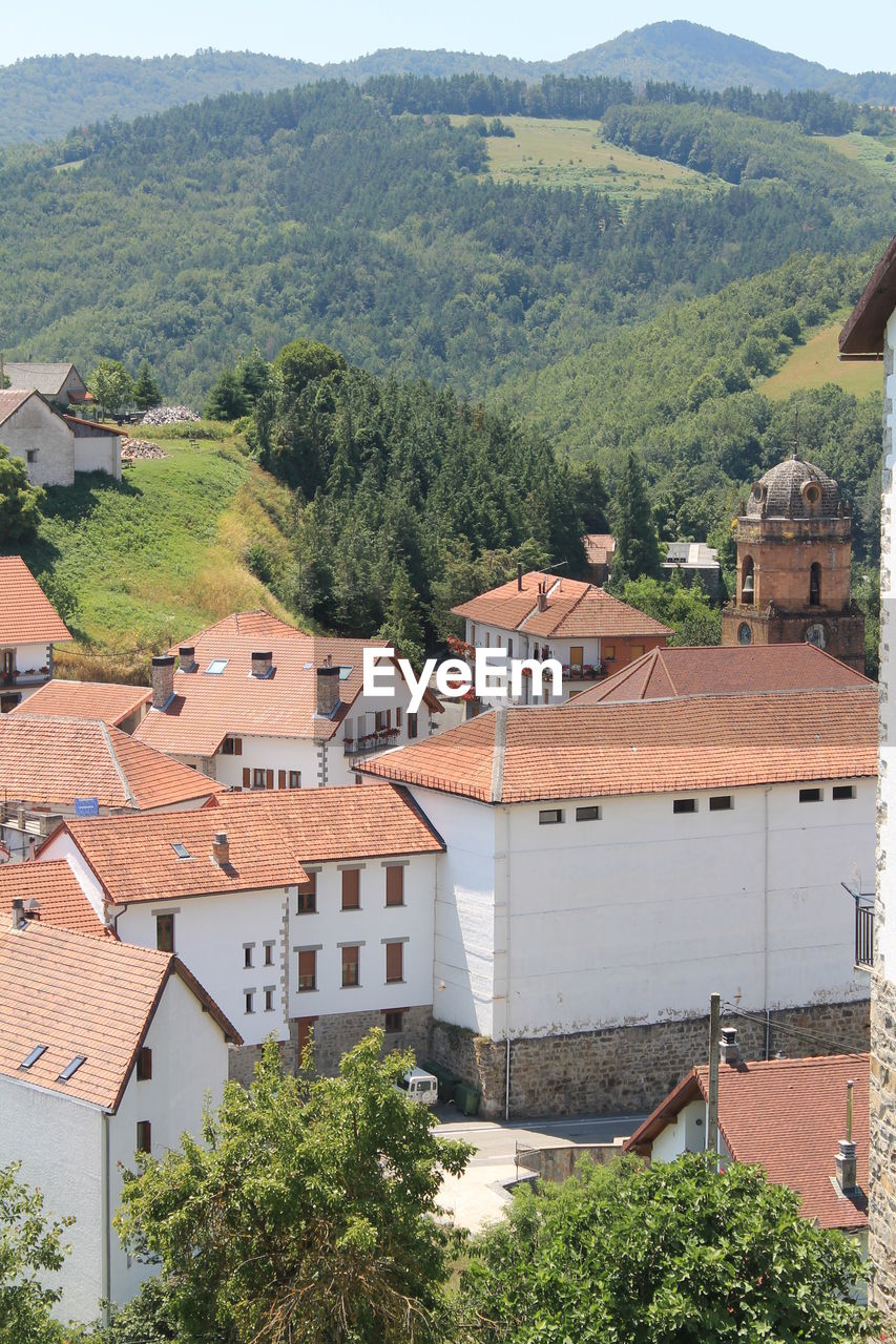 High angle view of houses and trees in the village of jaurrieta, placed in the valley of salazar. 