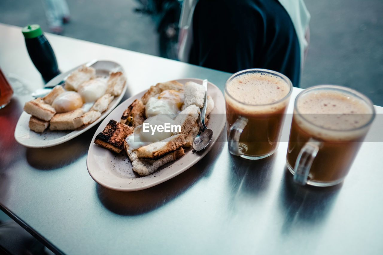 High angle view of asian breakfast on table