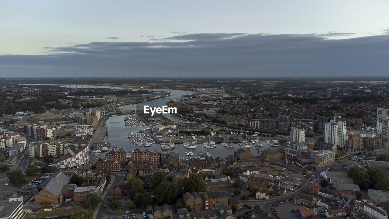 An aerial photo of the wet dock in ipswich, suffolk, uk