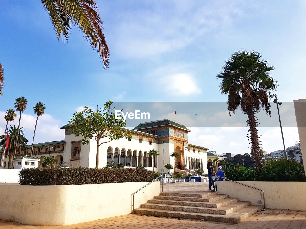 PEOPLE WALKING ON FOOTPATH BY PALM TREES AGAINST SKY
