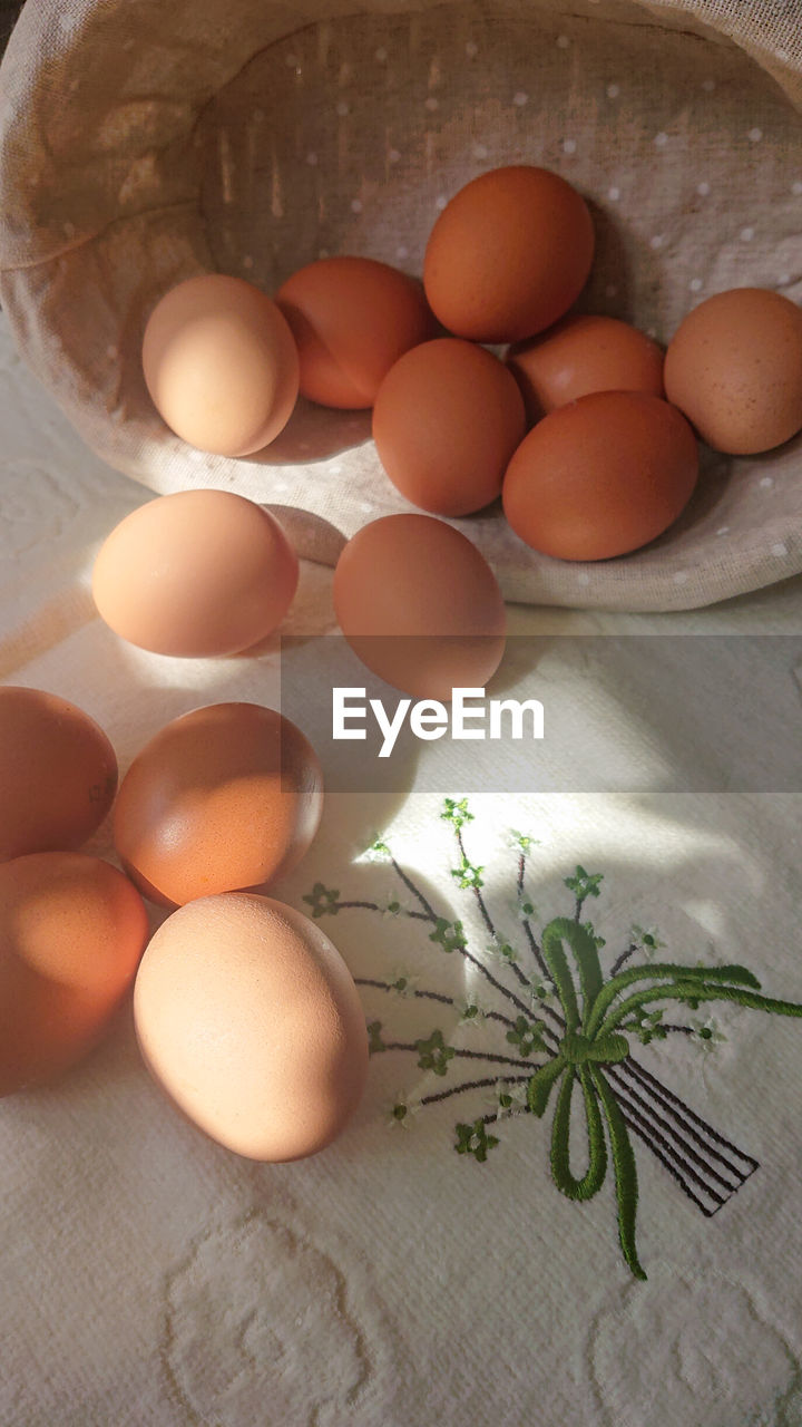 HIGH ANGLE VIEW OF EGGS IN CONTAINER