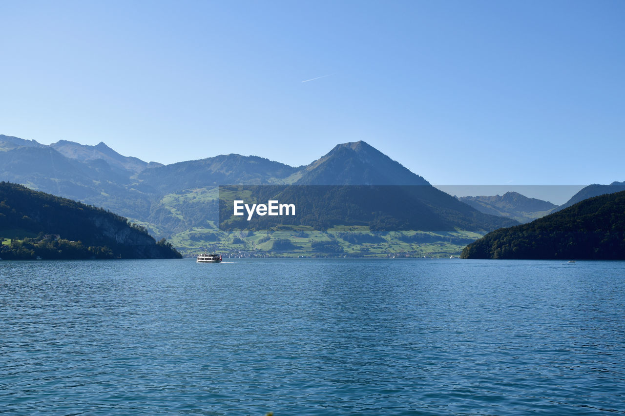 SCENIC VIEW OF LAKE BY MOUNTAINS AGAINST CLEAR BLUE SKY