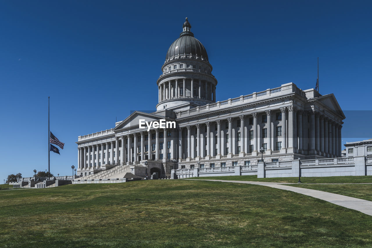 Front of the capitol, government building on a sunny day in the usa.