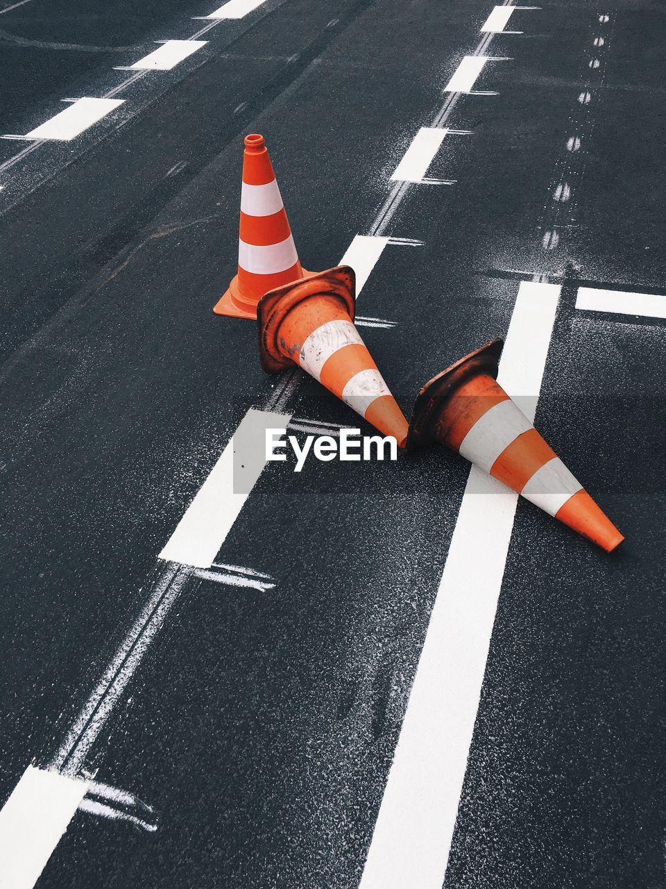 High angle view of traffic cones on street