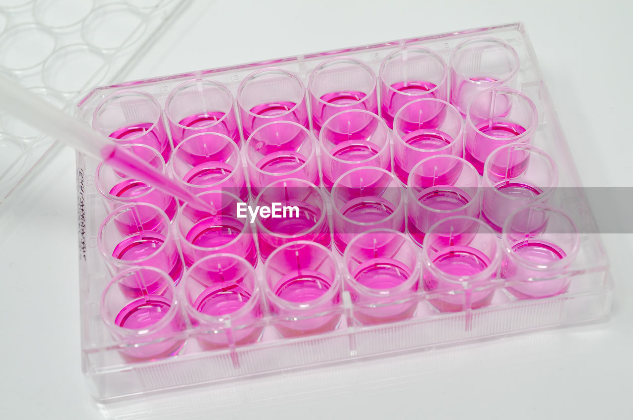 High angle view of pink chemical in containers at desk