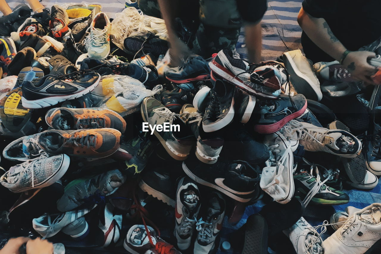 High angle view of shoes at market