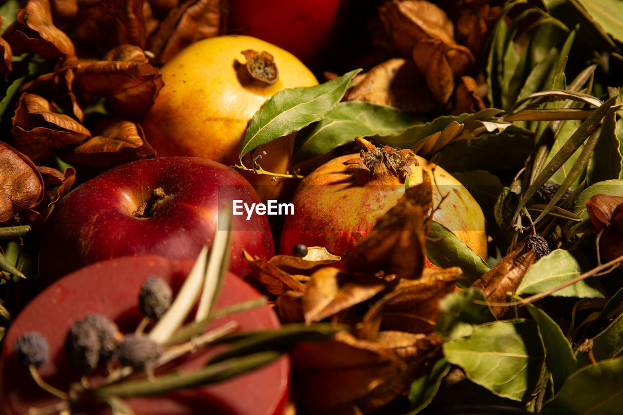 Christmas still life with red tones and fruit for background