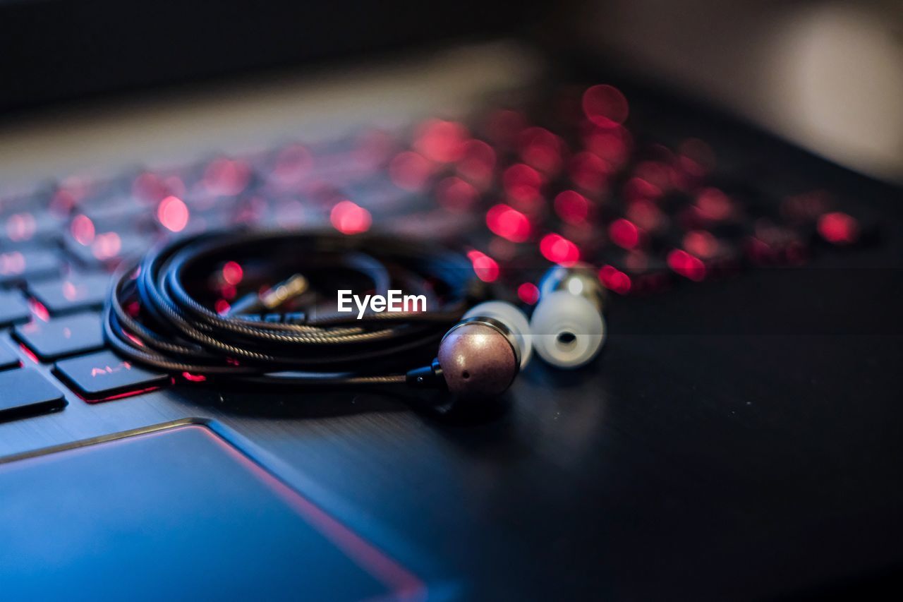 Close-up of headphones on laptop