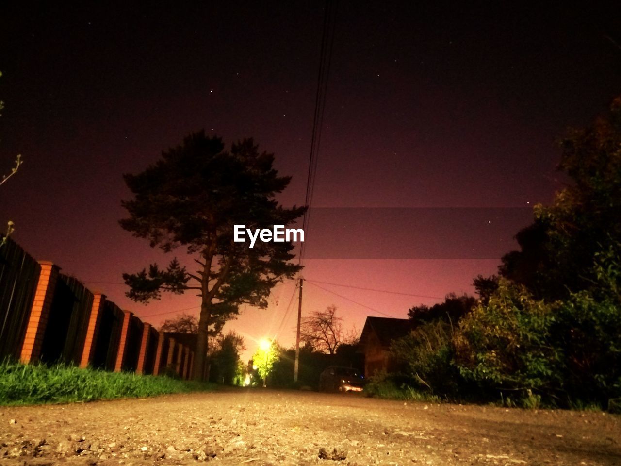 TREES BY ILLUMINATED STREET AGAINST SKY AT NIGHT