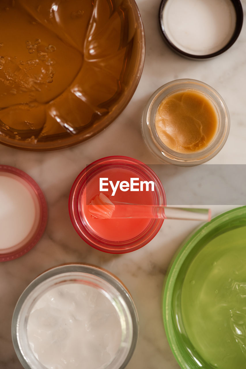 high angle view of food in bowls on table