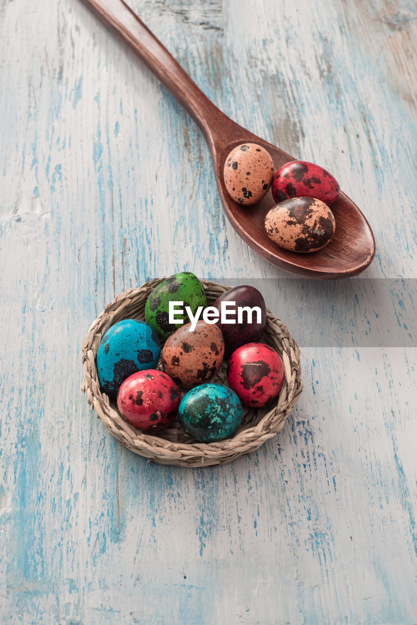 High angle view of easter eggs on table