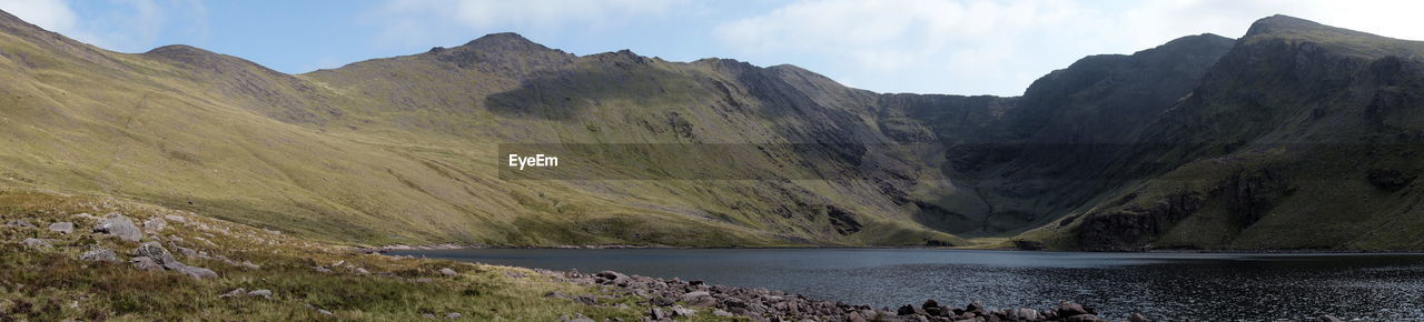 Panoramic view of lake and mountains against sky