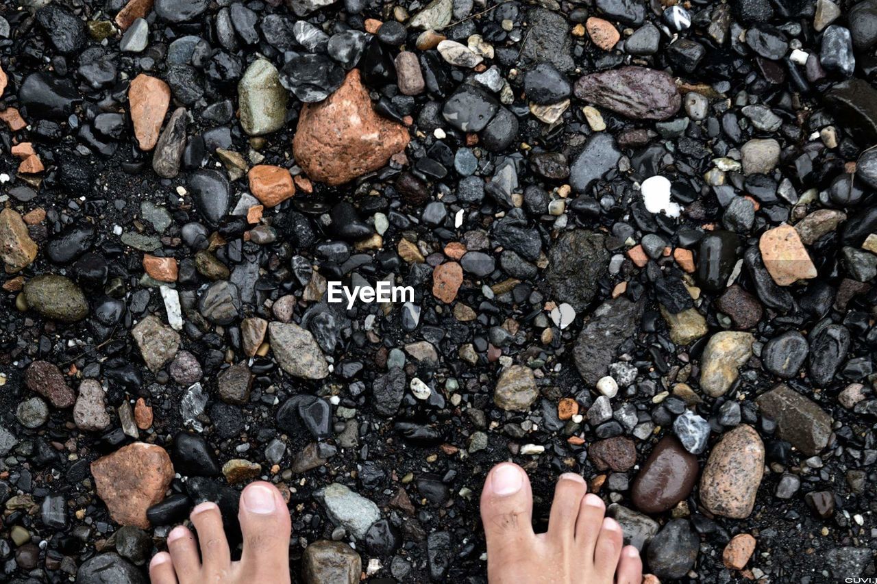 Low section of person on pebbles at beach