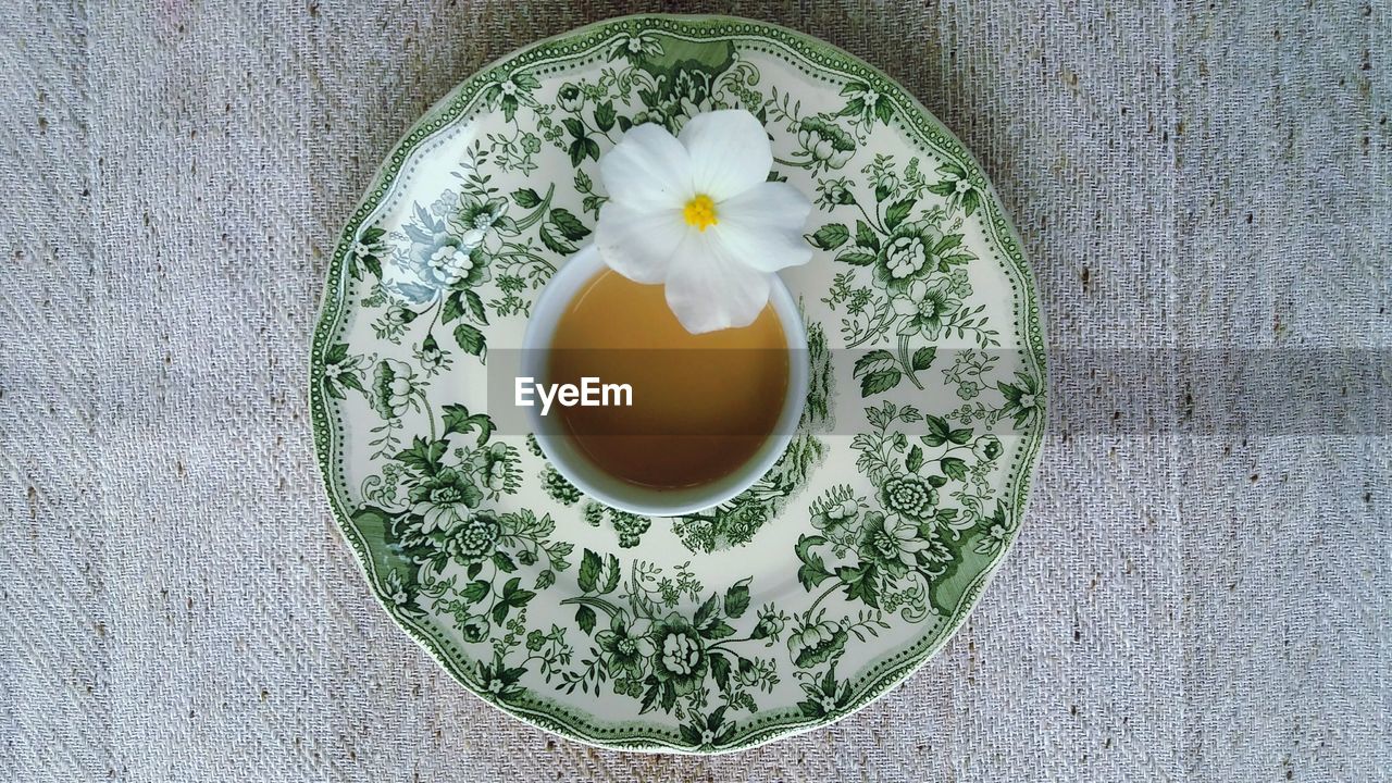 High angle view of tea in cup on table