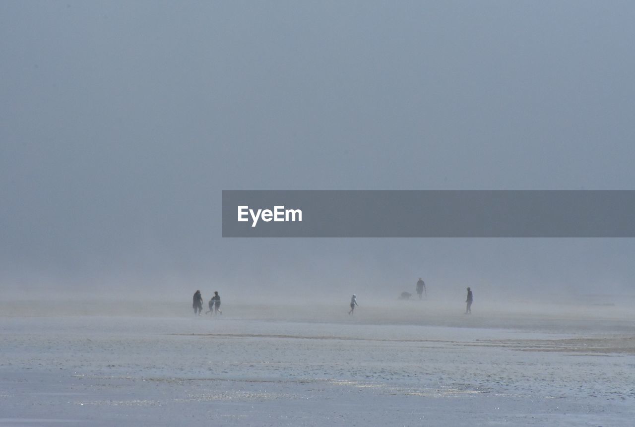 People walking in fog at beach