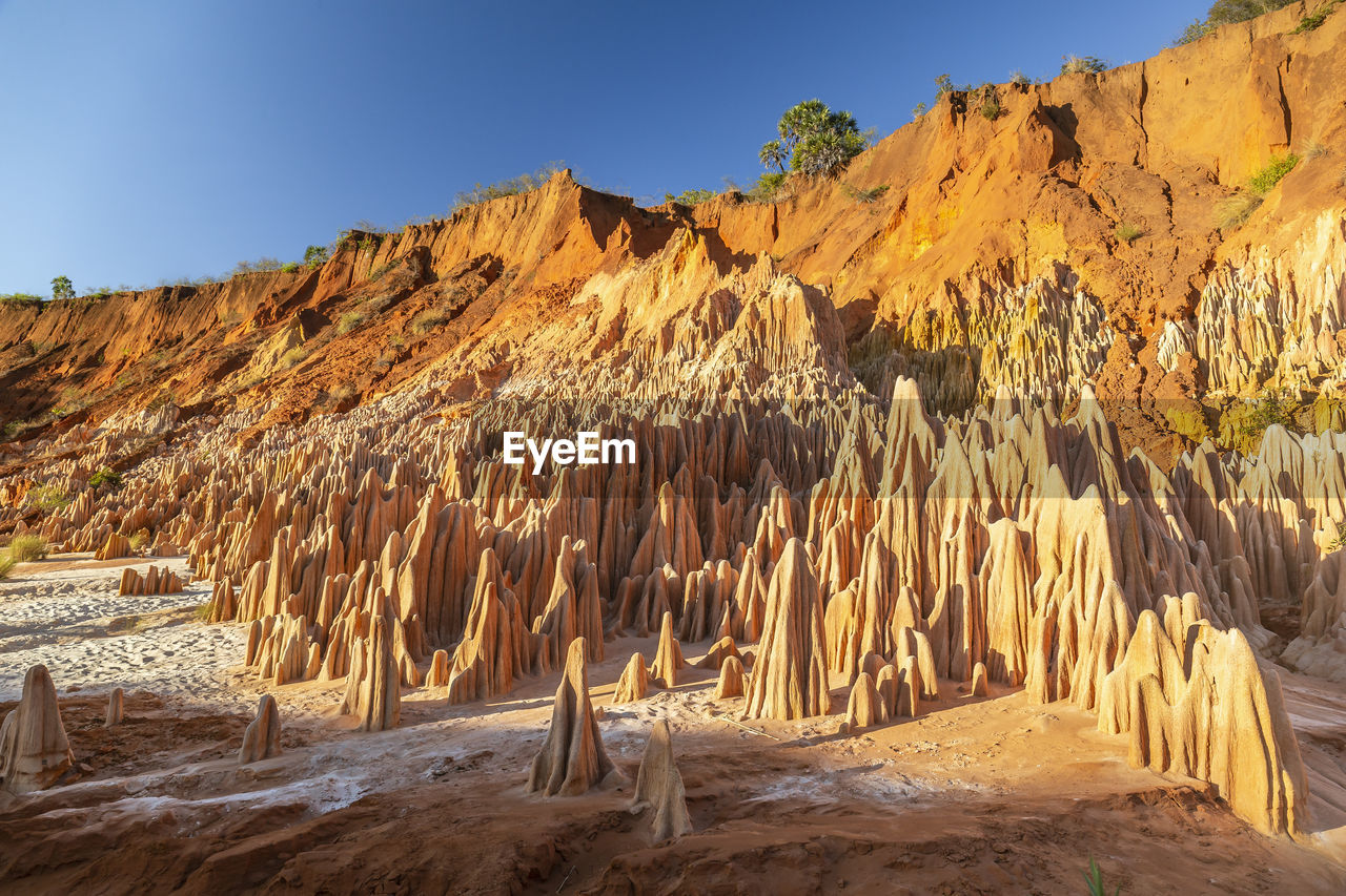 View of rocks on landscape against clear sky