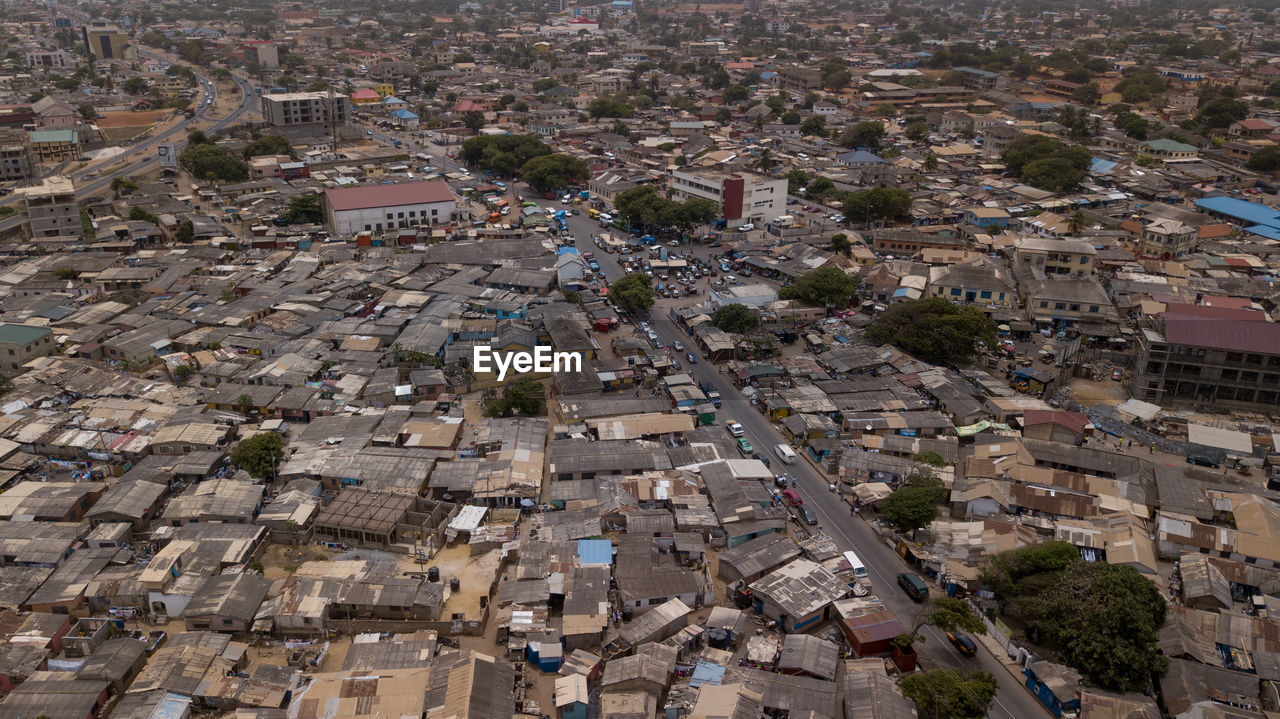 High angle view of buildings in town