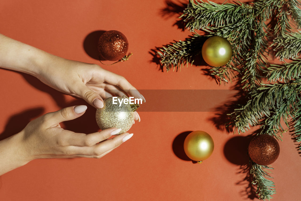 Beautiful hands on a red background with christmas tree branches and balls, hand care in winter