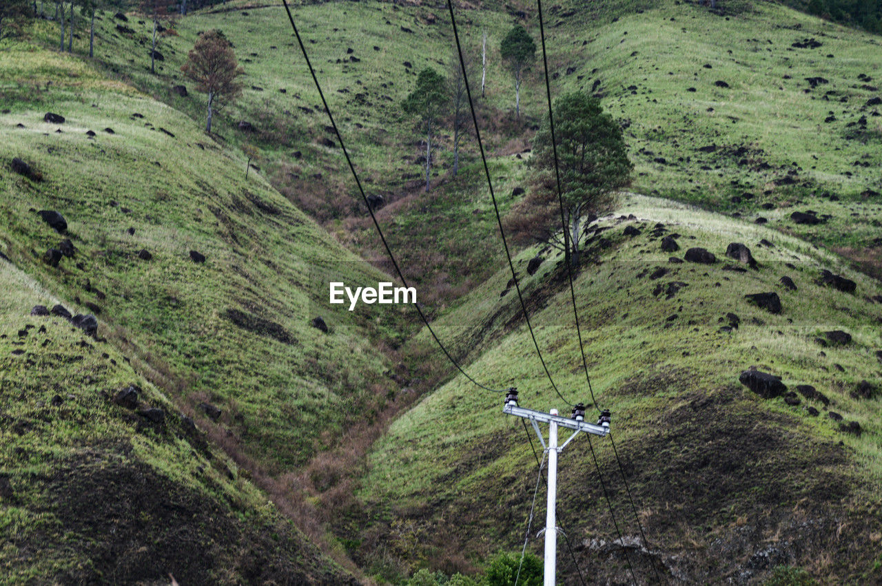 land, plant, beauty in nature, green, scenics - nature, nature, tranquility, no people, tranquil scene, day, landscape, environment, mountain, non-urban scene, cable, high angle view, growth, mountain pass, outdoors, valley, remote, mountain range, tree, idyllic, ridge, electricity, field, plateau