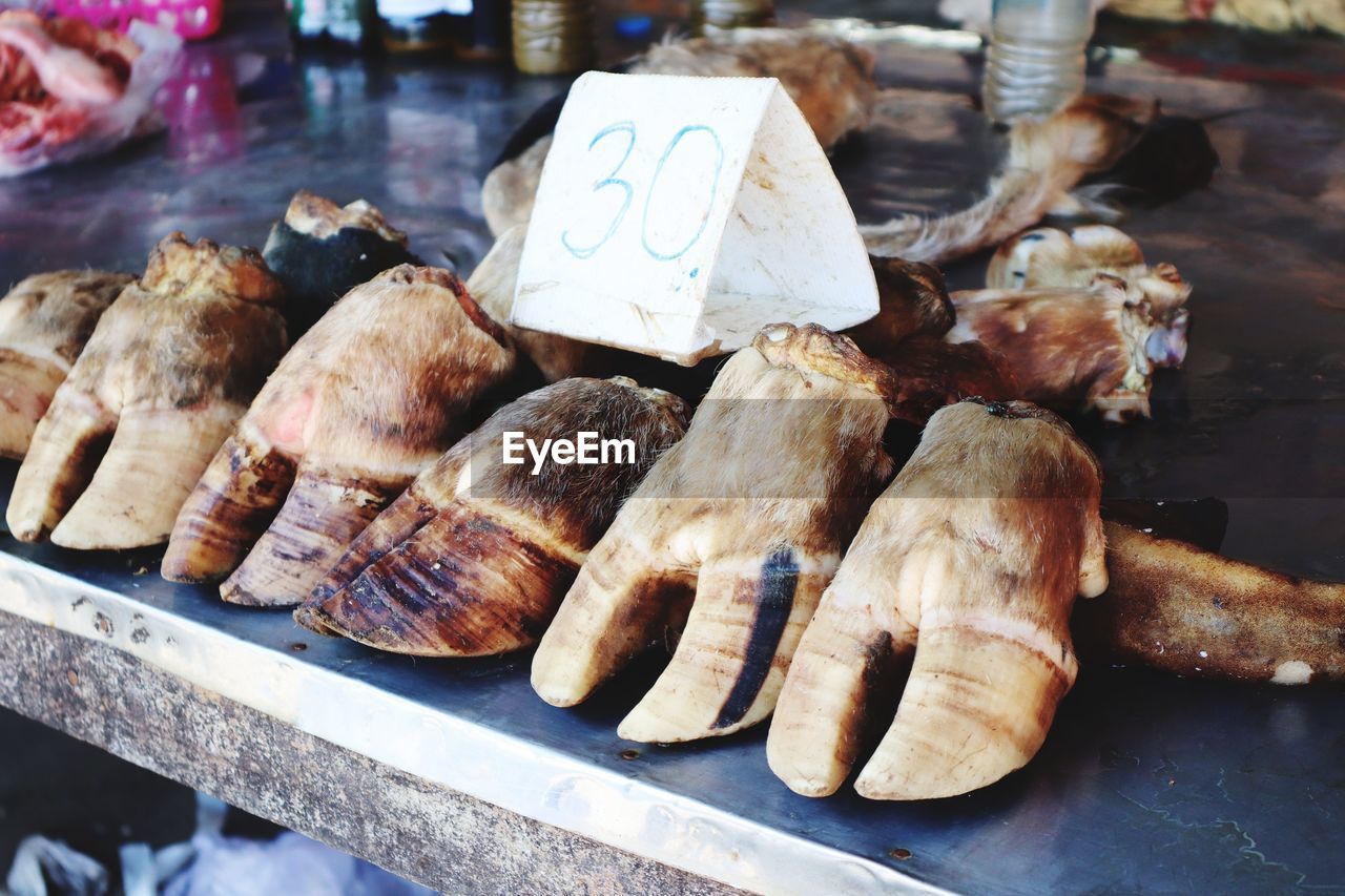 High angle view of meat for sale in market