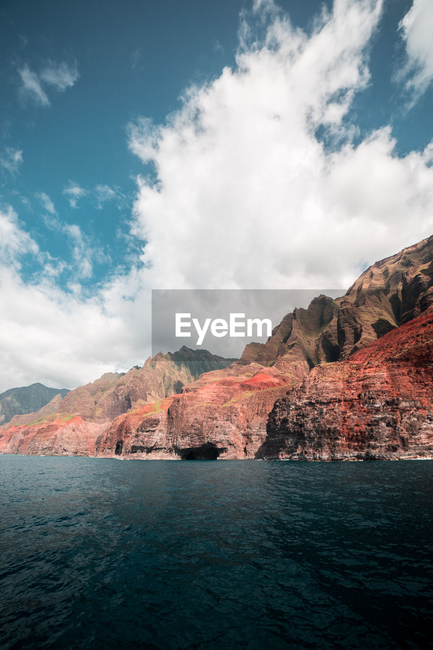 Scenic view of rock mountain by sea against sky