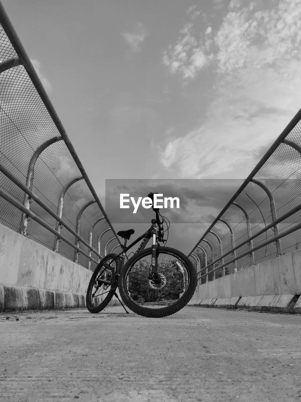 MAN RIDING BICYCLE ON BRIDGE